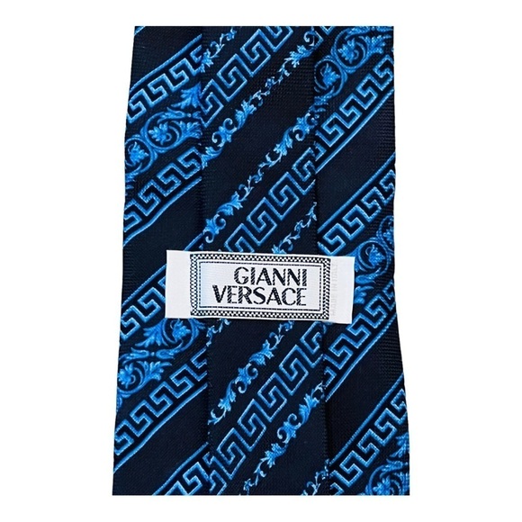 GIANNI VERSACE Vintage 100% Silk Neck Tie Blue Black - Picture 9 of 13